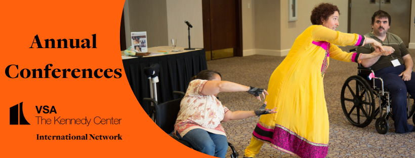 [Image Description:  This image contains three photos and three color blocks in red, yellow and blue.  The photos are of a presenter at the conference, children holding instruments and Jenna Gabriel with a microphone.  The image includes the text : VSA Regional Intersections, March 29-30, 2019, New Orleans.]