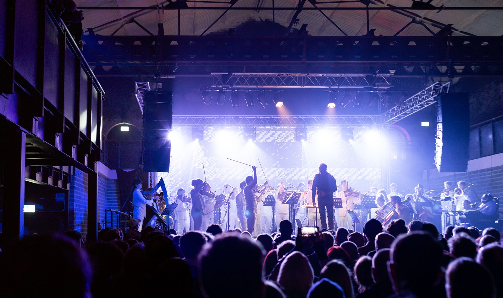 IMAGE: the musicians of the Paraorchestra perform on a stage; the conductor's back is to the audience. The backs of the audience's heads are visible as they watch the stage. The entire image is bathed in blue light.