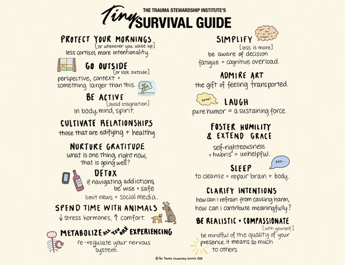 The Trauma Stewardship Institue's Tiny Survival Guide pocket guide, encouraging one to: Protect Your Mornings, Go Outside, Be Active, Cultivate Relationships, Nurture Gratitude, Detox, Spend Time with Animals, Metabolize All You Are Experiencing, Simplify, Admire Art, Laugh, Foster Humility and Extend Grace, Sleep, Clarify Intentions, and Be Realistic and Compassionate
