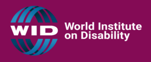 WID, World Institute on Disability. White letters on purple background. Bridges of 3 blue lines form a globe around WID