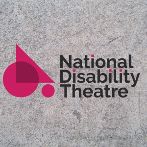 Logo: National Disability Theatre, a gray background with two pink circles and a pink triangle