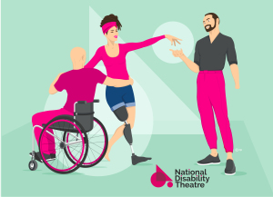 Illustration of a man in a wheelchair, with his arm around a woman with a prosthetic leg, who is reaching out towards a man who has one hand.